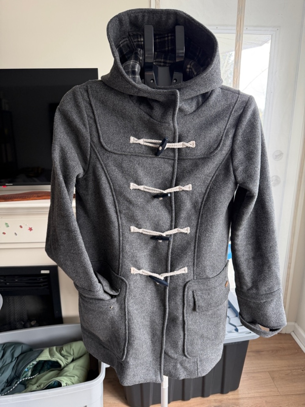 Womens Gray roots wool Toggle Hooded duffle Coat